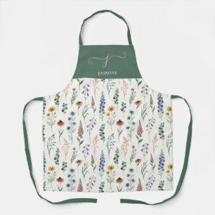 Grünes Aquarell-Wildblumen-Boho-Monogramm-Name Schürze