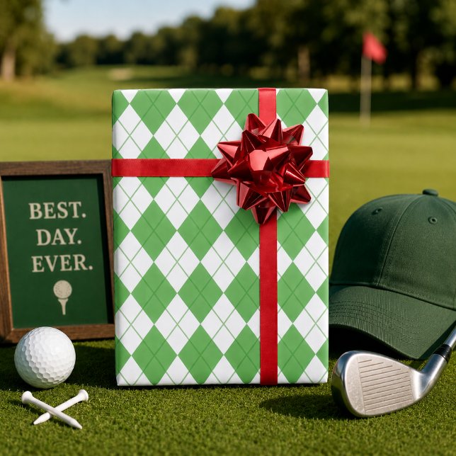 Grünes Argyle-Muster Golf  Geschenkpapier (Argyle Plaid Golf Gift Wrap)