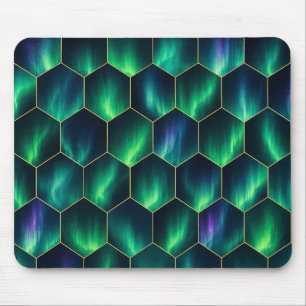 Grünes Aurora-Borealis-Sechseckmuster Mousepad