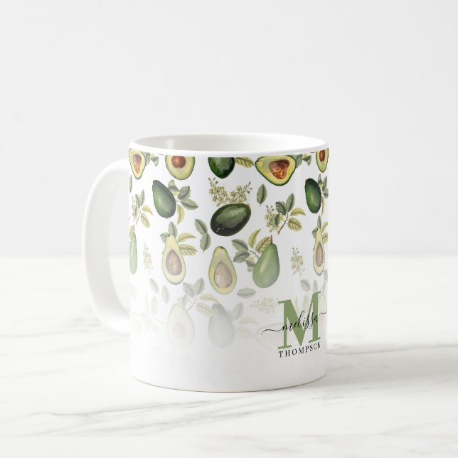 Grünes Avocado Botanisches Muster Mit Monogramm Kaffeetasse (Vorderseite Links)