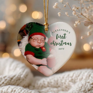 Grünes Baby-Erstweihnachts-Foto-Herz Keramik Ornament