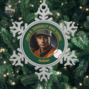 Grünes Baseballspieler-Foto für die High School Schneeflocken Zinn-Ornament