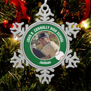 Grünes Baseballspieler-Foto High School Schneeflocken Zinn-Ornament