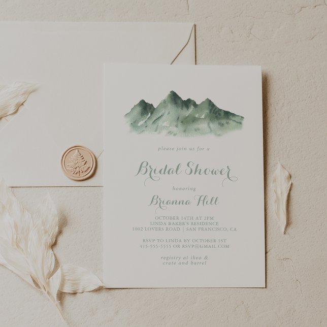 Grünes Berglandkalligrafie-Brautparty Einladung (Von Creator hochgeladen)