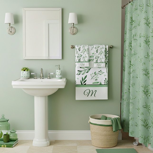 Grünes Blätter Monogramm Handtuchhandtuch Set (Von Creator hochgeladen)