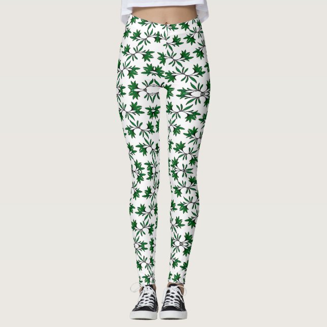 Grünes Blattmuster auf Weiß Leggings (Vorderseite)