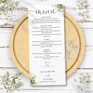 Grünes Blumenherz Schrift Hochzeitsdinner Menükarte