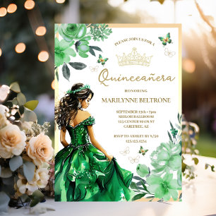 Grünes Blumenkleid Schmetterling Quinceañera Einladung