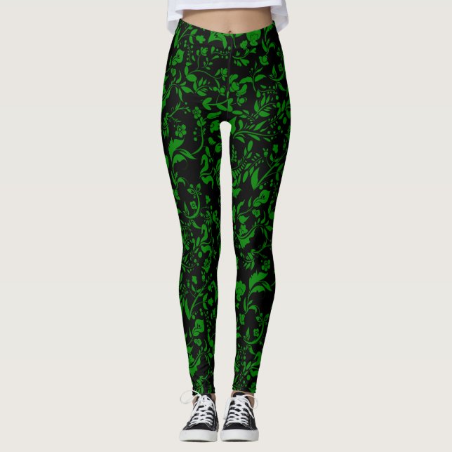 Grünes Blumenmuster G01. Black BG Leggings (Vorderseite)