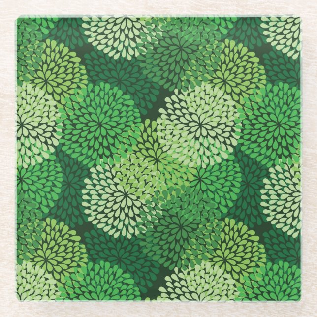 Grünes Blumenmuster Glasuntersetzer (Vorderseite)