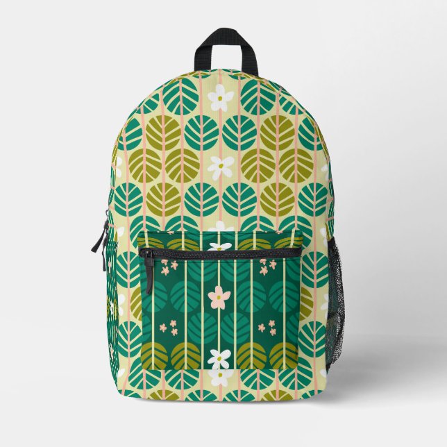 Grünes Blumenmuster Groovy Retroboho Bedruckter Rucksack (Vorderseite)
