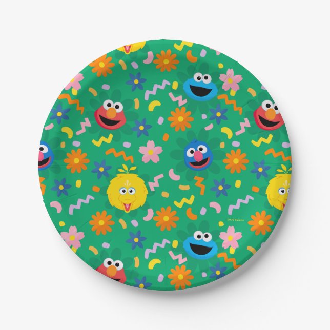 Grünes Blumenmuster in der Sesamstraße Pappteller (Vorderseite)