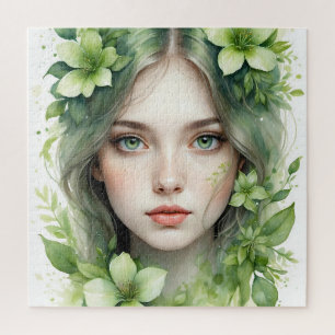 Grünes Blumenportrait einer Frau Puzzle