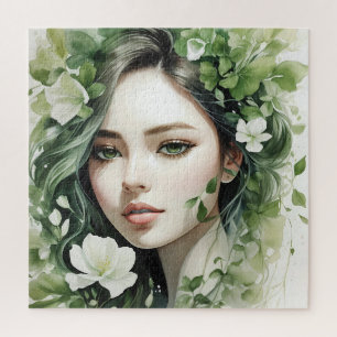 Grünes Blumenportrait einer Frau Puzzle