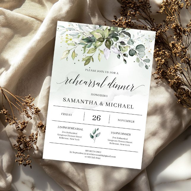 Grünes boho foliage eucalyptus Probe Dinner Einladung (Greenery boho foliage eucalyptus rehearsal dinner invitation)