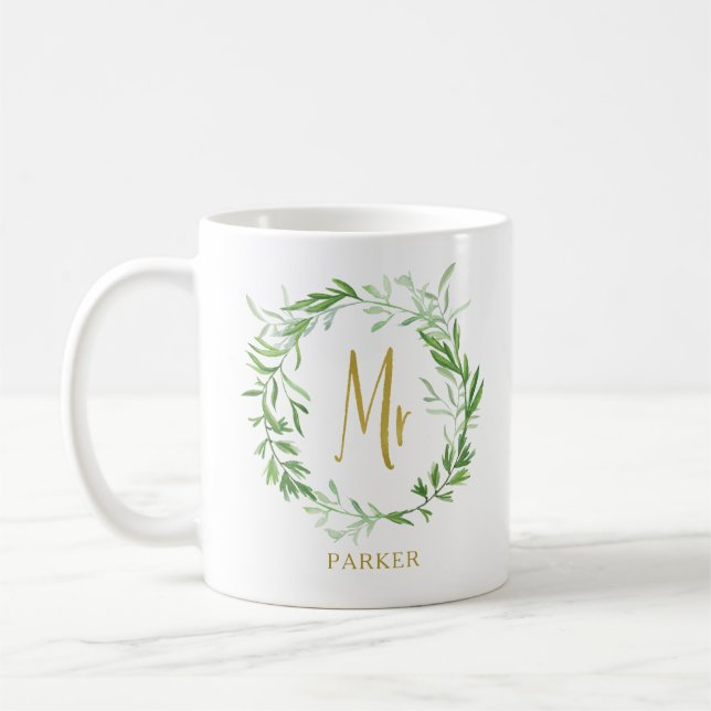 Grünes botanisches Blätter Kranz | Imitate Gold Mr Kaffeetasse (Links)