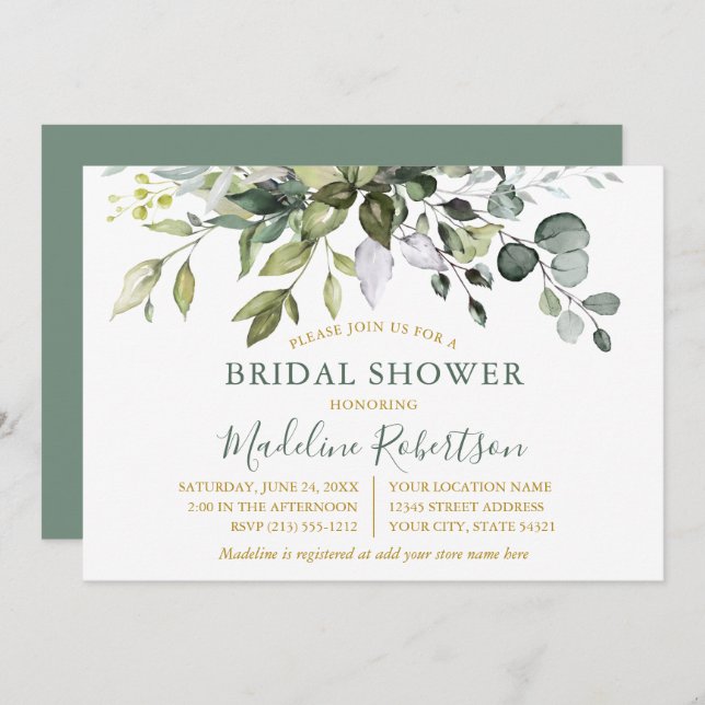 Grünes Brautparty Aquarell Grüne Sage Green Einladung (Vorne/Hinten)