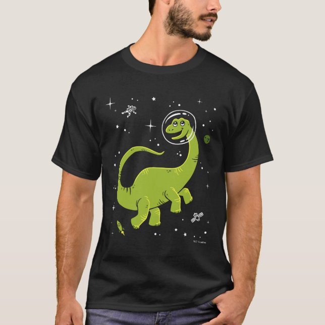 Grünes Brontosaurus Dinos im Weltraum T-Shirt (Vorderseite)
