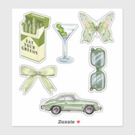 Grünes Coquette-Ästhetik-Sticker-Set | Vintage-Aut Aufkleber