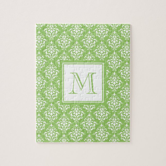 Grünes Damastmuster 1 mit Monogramm Puzzle (Vertikal)