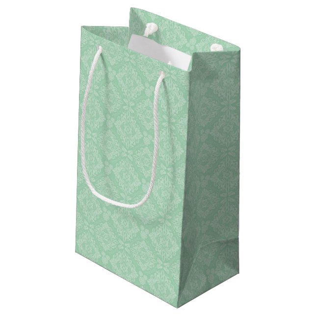 Grünes Damastmuster Kleine Geschenktüte (Rückseite Schrägansicht)