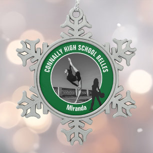 Grünes Drill-Team-Foto High School Tänzerin Schneeflocken Zinn-Ornament