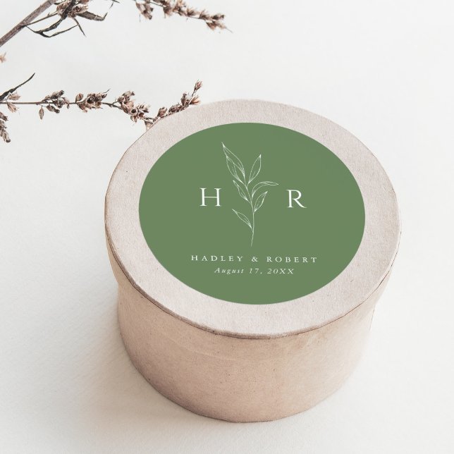 Grünes einfaches Mongram Botanische Hochzeit Runder Aufkleber (Von Creator hochgeladen)