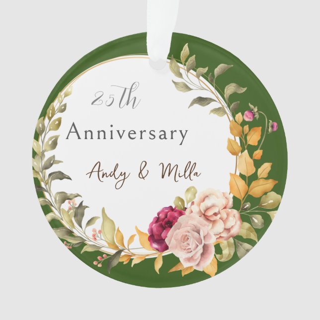 Grünes Elegantes Blumenreath 25. Hochzeitsgeschenk Ornament (Vorderseite)
