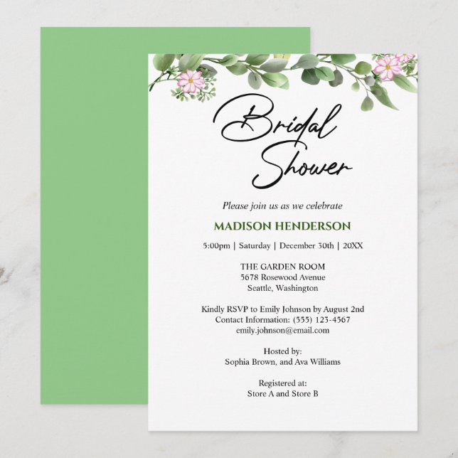Grünes elegantes und florales Hochzeitsfest-Brautp Einladung (Vorne/Hinten)