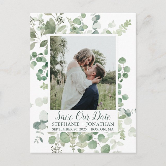 Grünes Eukalyptus-Foto Save the Date Postkarten (Vorderseite)