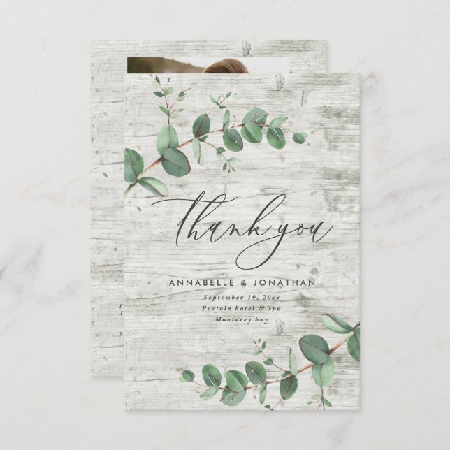 Grünes Eukalyptus-Holz Hochzeit Foto Vielen Dank RSVP Karte (Vorne/Hinten)