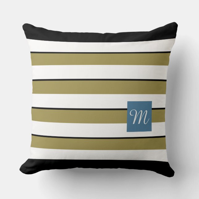 Grünes, feines Streifen Monogram Kissen (Vorderseite)