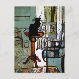grünes Fenster mit schwarzer Katze Postkarte