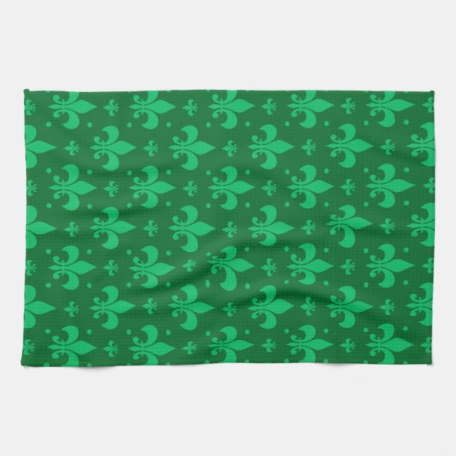 Grünes Fleur-de-lis-Muster Geschirrtuch (Horizontal)