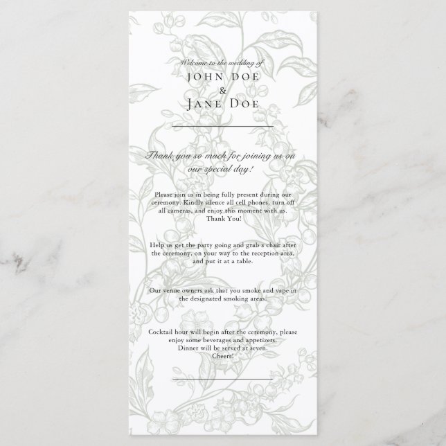 Grünes florales Hochzeitsprogramm Programm (Vorderseite)