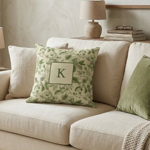 Grünes florales Monogramm Vintage Botanik Kissen