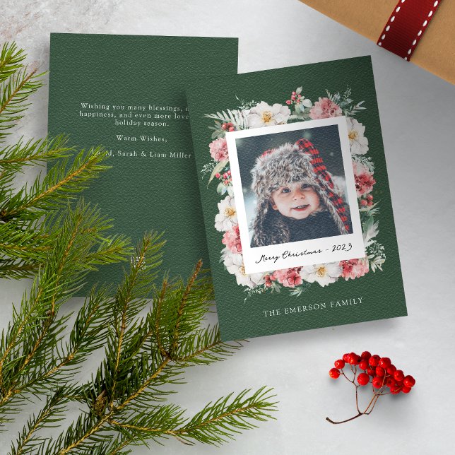 Grünes Foto Botanische Weihnachtskarte Feiertagskarte (Red Merry Christmas Photo Holiday Card with Elegant Watercolor Botanical Florals Berries)
