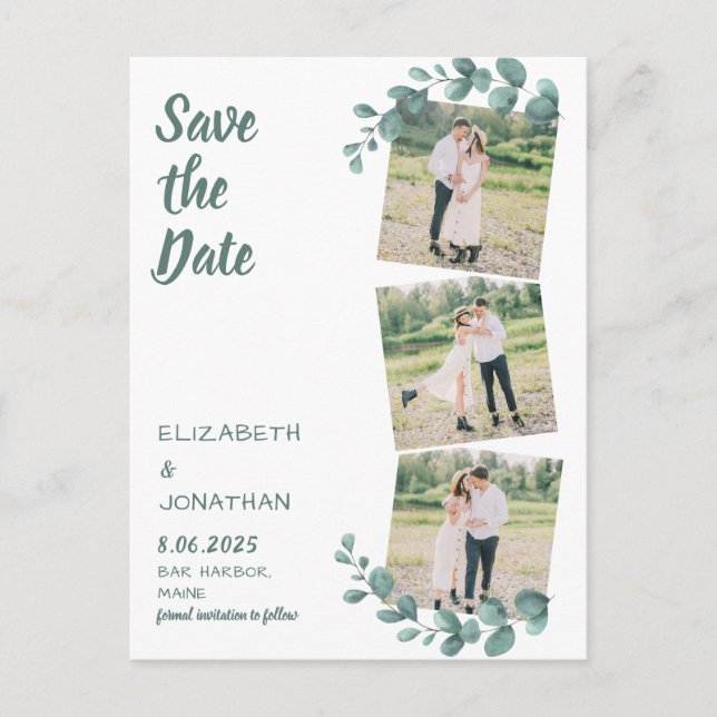 Grünes Foto Eukalyptus Wedding Save the Date Postkarte (Vorderseite)