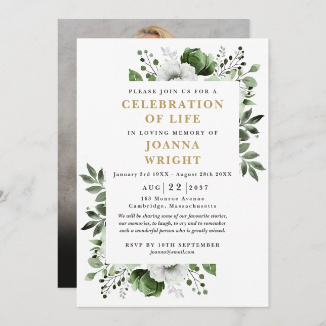 Grünes Foto zur Beerdigung des Lebens Einladung (Vorne/Hinten)