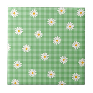 Grünes Gänseblümchen-Karomuster Gingham-Schachbret Fliese