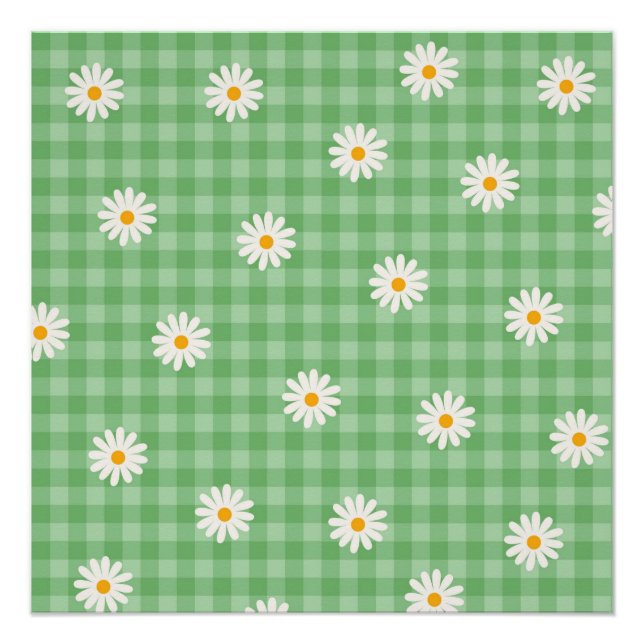 Grünes Gänseblümchen-Karomuster Gingham-Schachbret Poster (Vorderseite)