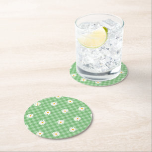 Grünes Gänseblümchen-Karomuster Gingham-Schachbret Runder Pappuntersetzer