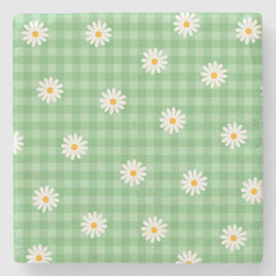 Grünes Gänseblümchen-Karomuster Gingham-Schachbret Steinuntersetzer