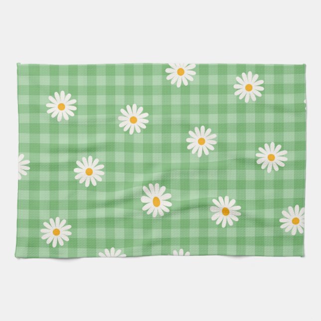 Grünes Gänseblümchen-Karomuster Gingham Schecken B Geschirrtuch (Horizontal)