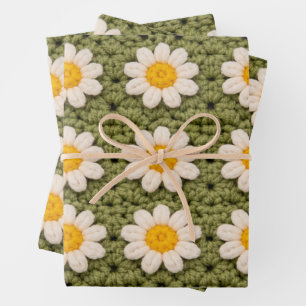 Grünes Gänseblümchen-Omas-Quadrat-Häkelmuster Flor Geschenkpapier Set