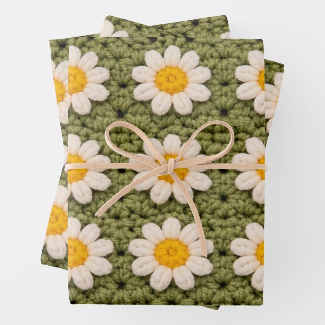 Grünes Gänseblümchen-Omas-Quadrat-Häkelmuster Flor Geschenkpapier Set (Beispiel)