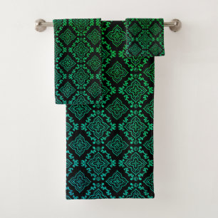 Grünes geometrisches Muster / Indischer Druck  Badhandtuch Set