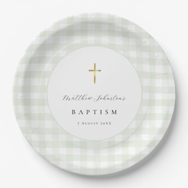 Grünes Gingham-Babytaufe-Papier  Pappteller (Vorderseite)