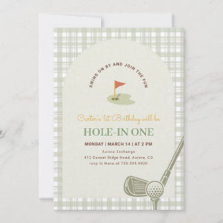 Grünes Gingham Hole in One Golf Erster Geburtstag Einladung