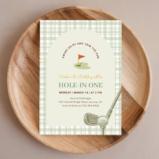 Grünes Gingham Hole in One Kinder-Golf zum ersten  Einladung